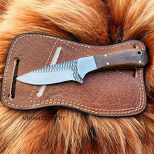 Lade das Bild in den Galerie-Viewer, Hand Made Rasp File Knife With Rose Wood Scales and Pan Cake Leather Sheath 
