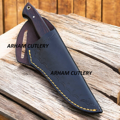 Hand Forged Fixed Blade Knife with Rose Wood Scales and Leather Sheath 