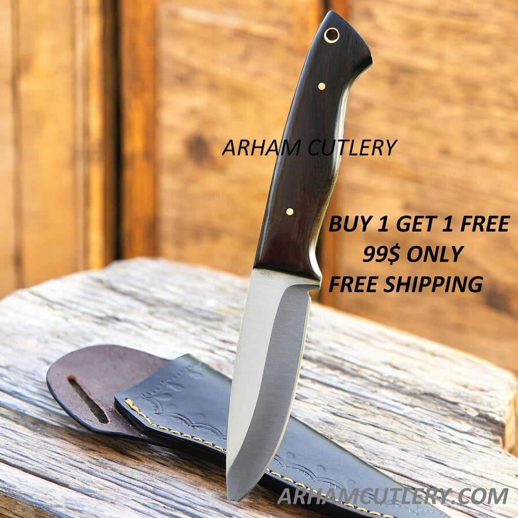 Hand Forged Fixed Blade Knife with Rose Wood Scales and Leather Sheath 