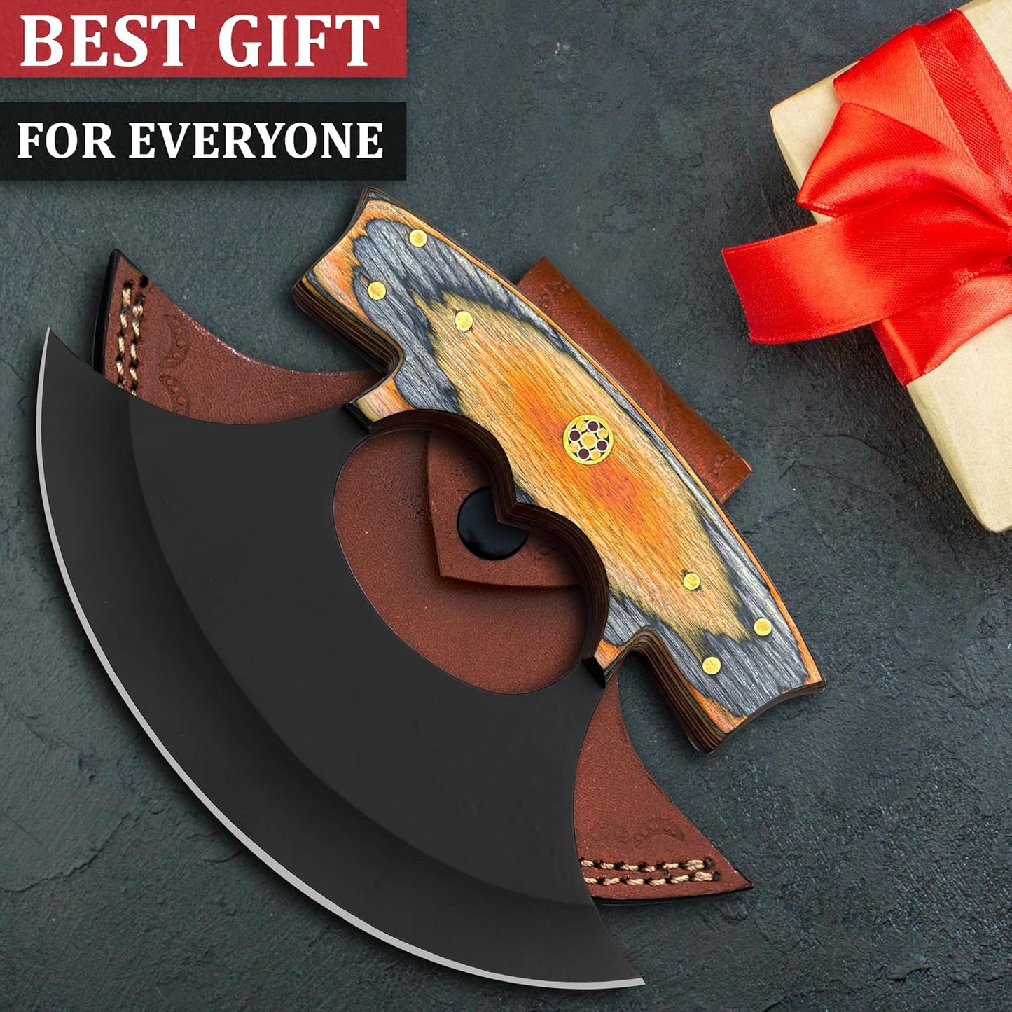 Handmade Pizza Cutter , ULU Knife With Leather Sheath , Arham Cutlery