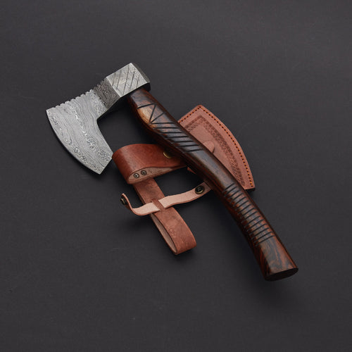 Damascus Steel Axe With Leather Sheath Arham Cutlery 