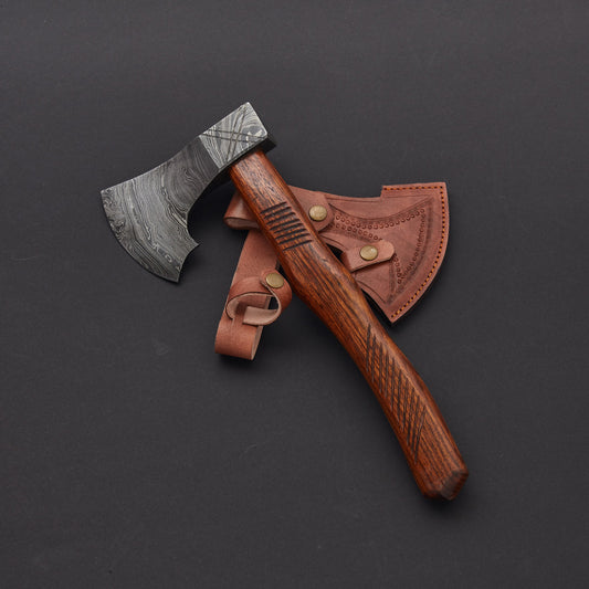 Damascus Steel Axe With Leather Sheath Arham Cutlery 