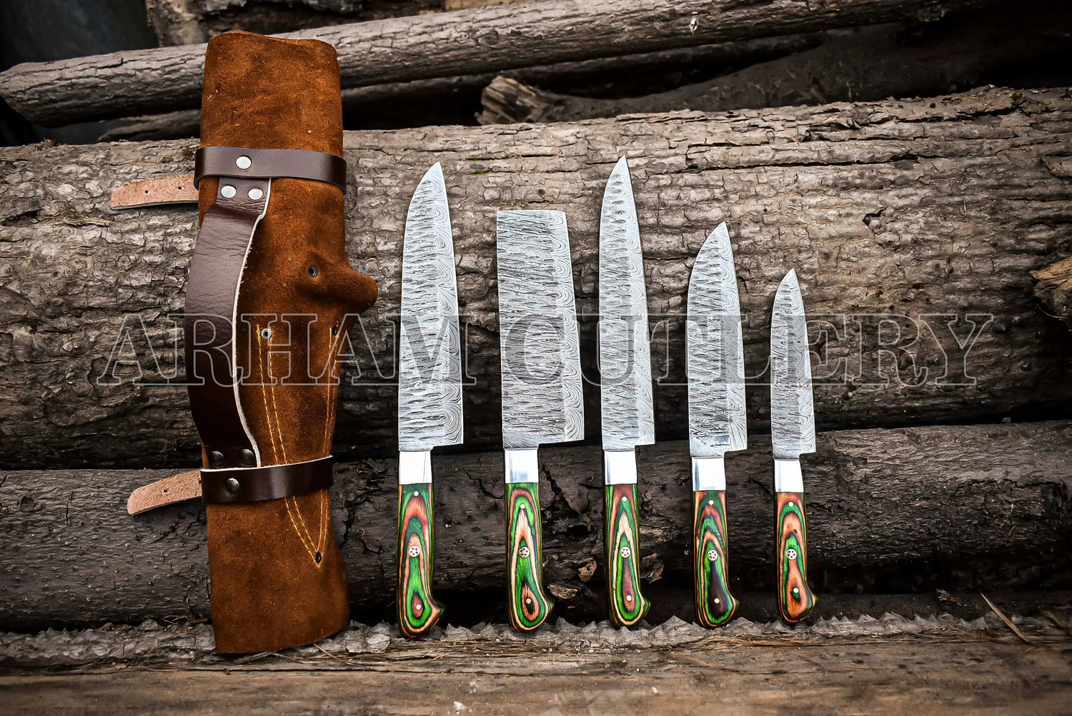 Custom Made Damascus Steel Kitchen Knife Set With Leather Roll Kit Arham Cutlery