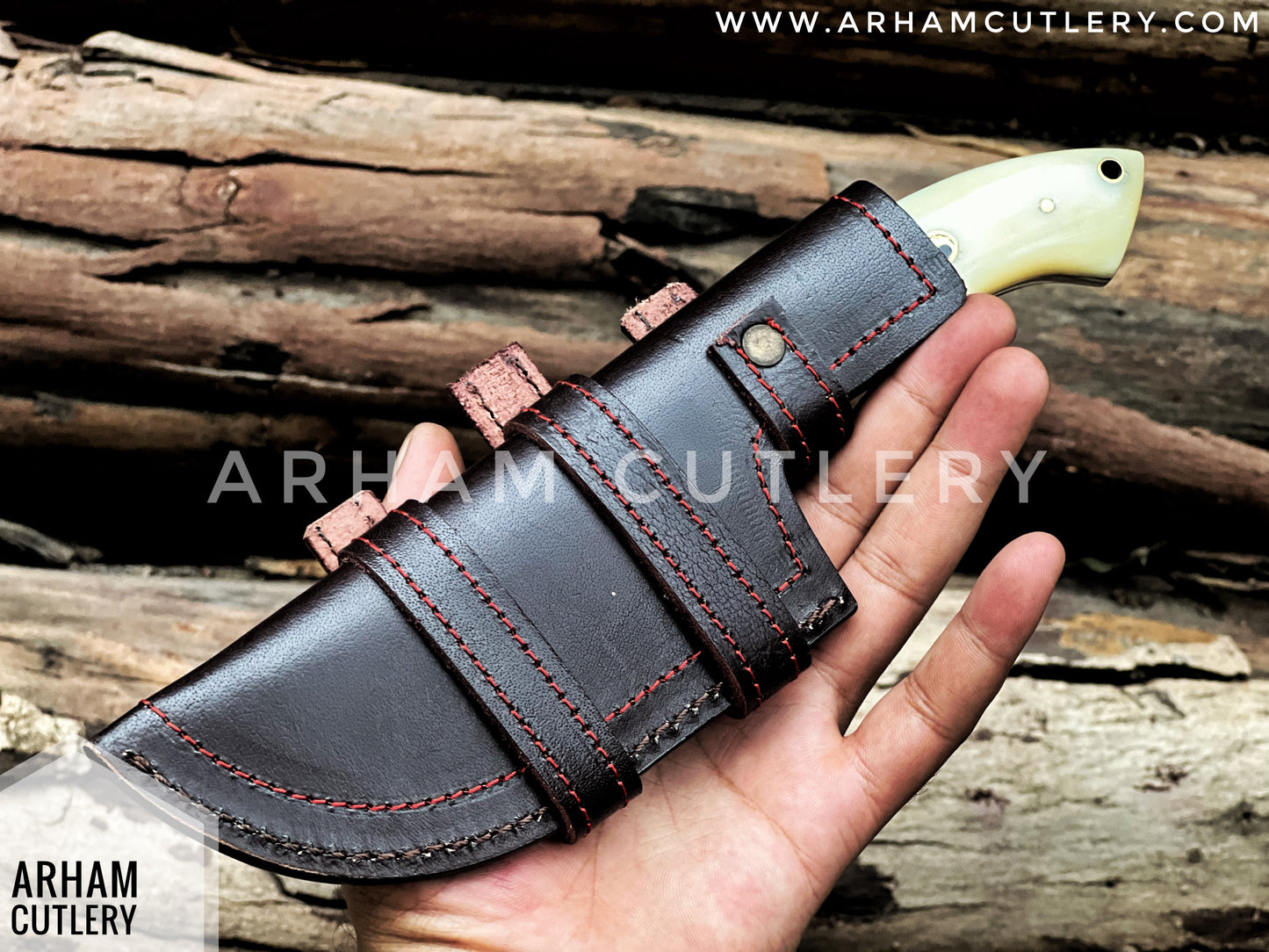 Handmade Damascus Steel Tracker Knife - Camel Bone Handle & Leather Sheath , Best Outdoor Knife