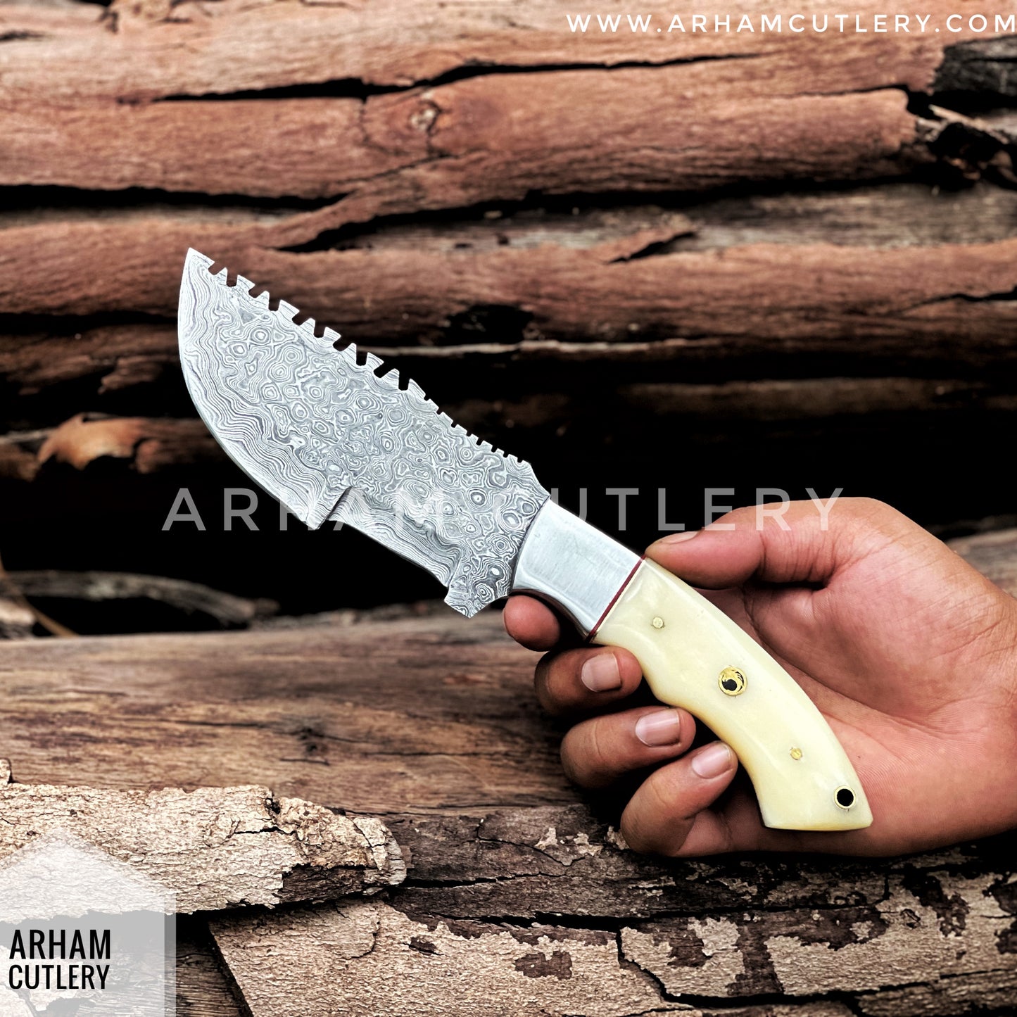 Handmade Damascus Steel Tracker Knife - Camel Bone Handle & Leather Sheath , Best Outdoor Knife