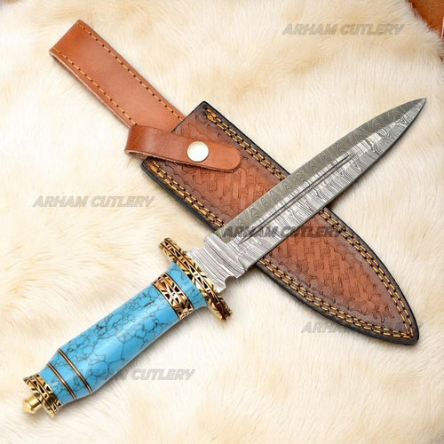 Handmade Damascus Steel Bowie Knife with Turquoise Stone Handle and Brown Leather Sheath