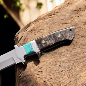 Handmade DC53 Custom Sheep Horn Turquoise Sub Hilt Hunting Camping Knife