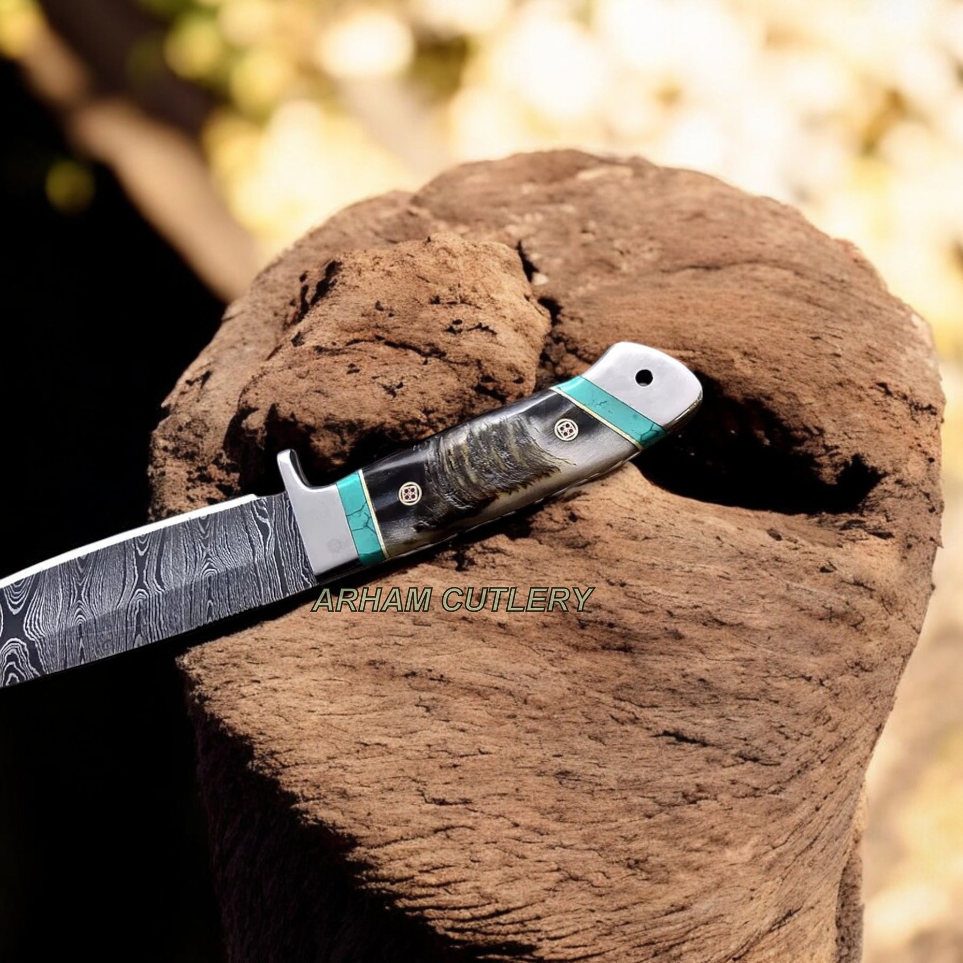 Handmade Damascus Custom Sheep Horn Hunting Sport Knife Arham Cutlery 