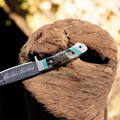 Handmade Damascus Custom Sheep Horn Hunting Sport Knife Arham Cutlery 