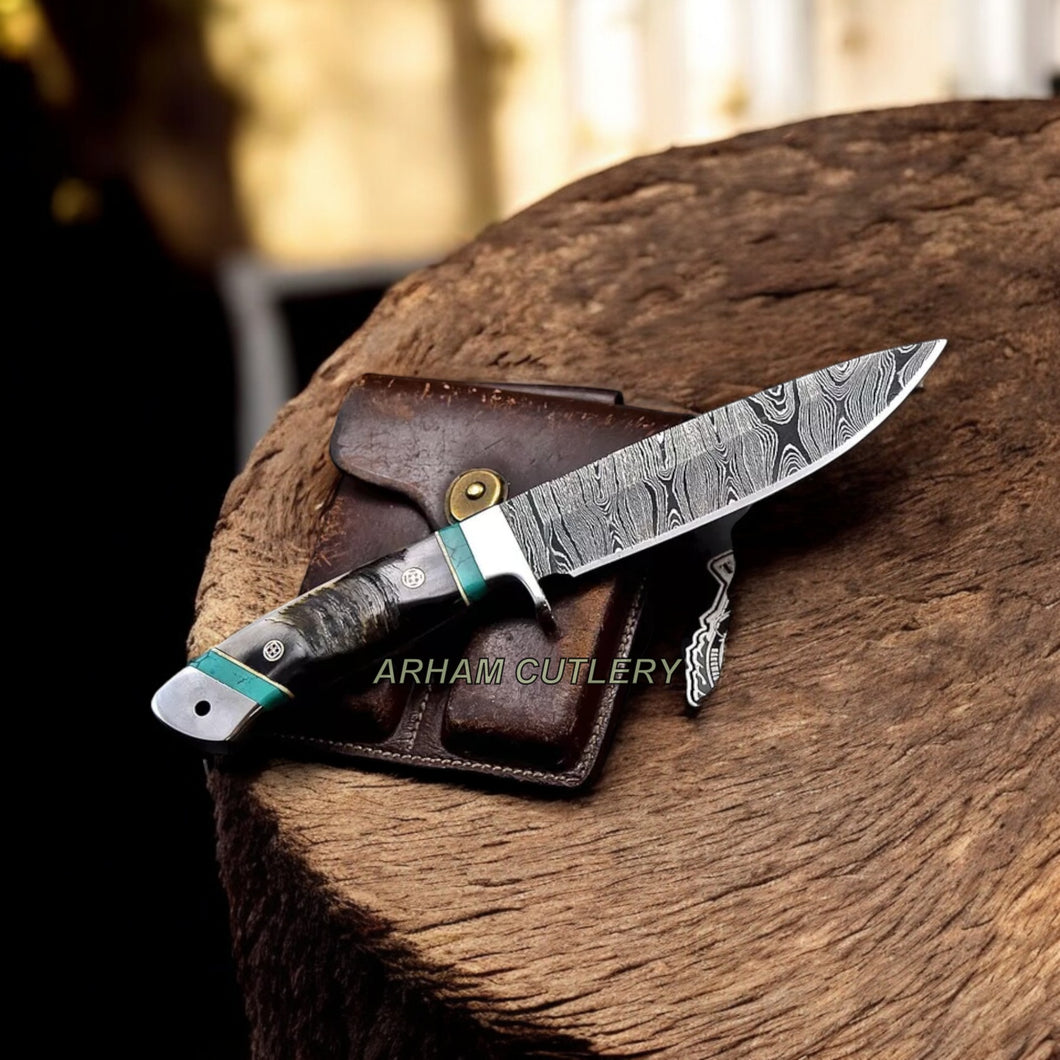 Handmade Damascus Custom Sheep Horn Hunting Sport Knife Arham Cutlery 