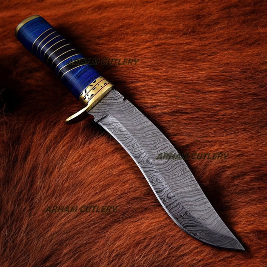Handmade Damascus Steel Blue Hunting Bowie Knife With Leather Sheath 