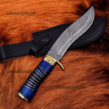 Load image into Gallery viewer, Handmade Damascus Steel Blue Hunting Bowie Knife With Leather Sheath 
