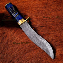 Load image into Gallery viewer, Handmade Damascus Steel Blue Hunting Bowie Knife With Leather Sheath 
