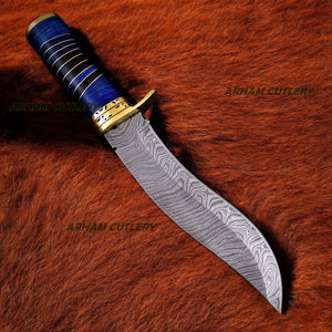 Handmade Damascus Steel Blue Hunting Bowie Knife With Leather Sheath 