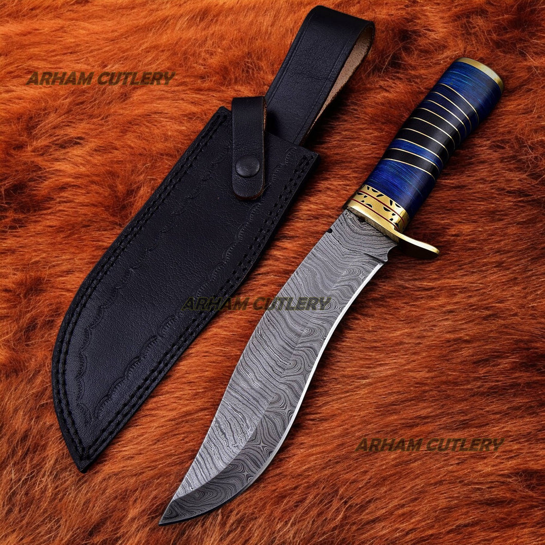 Handmade Damascus Steel Blue Hunting Bowie Knife With Leather Sheath 