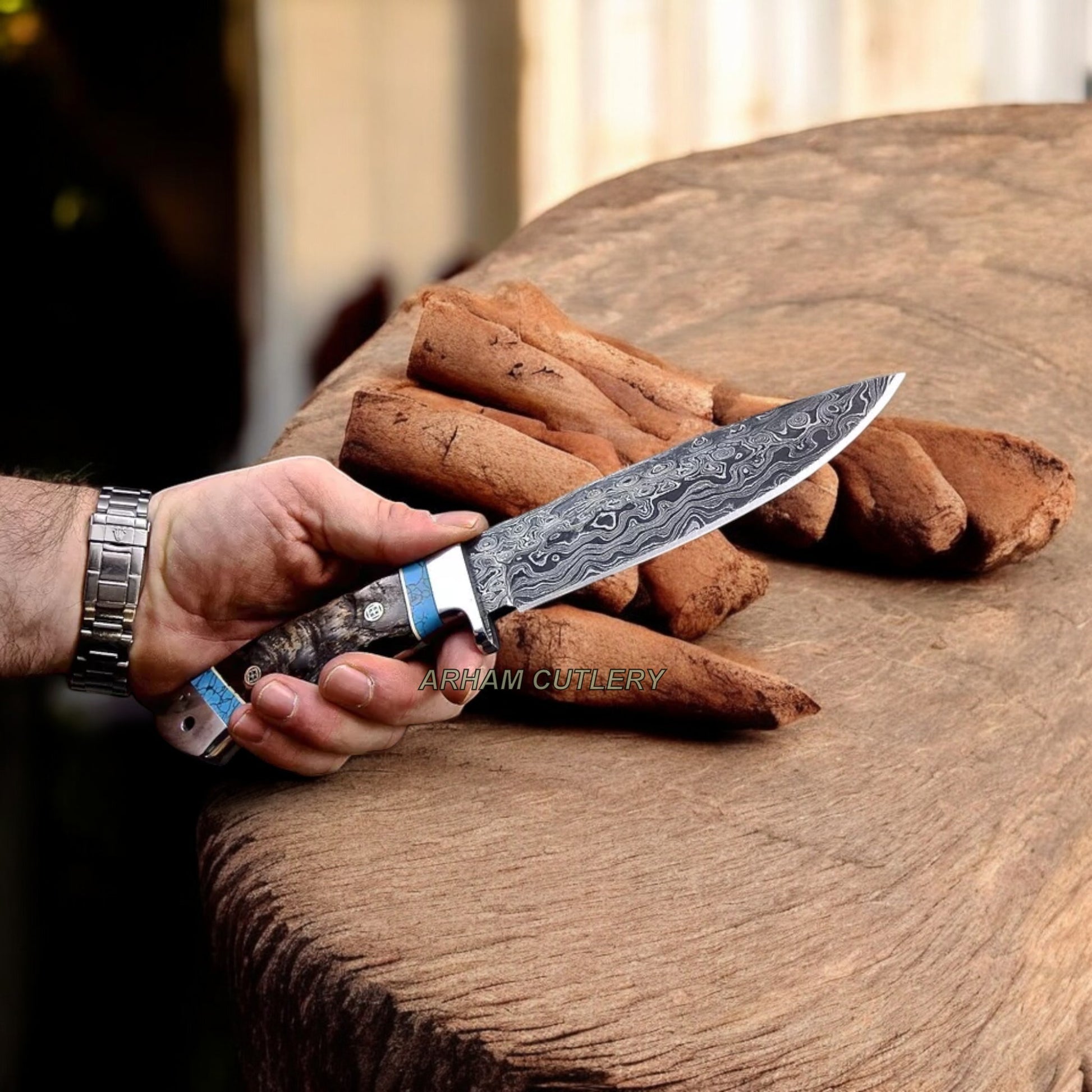 Handmade Damascus Steel Custom Sheep Horn Hunting Sport Knife Arham Cutlery 
