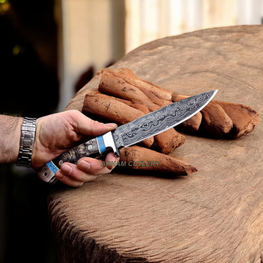 Handmade Damascus Steel Custom Sheep Horn Hunting Sport Knife Arham Cutlery 