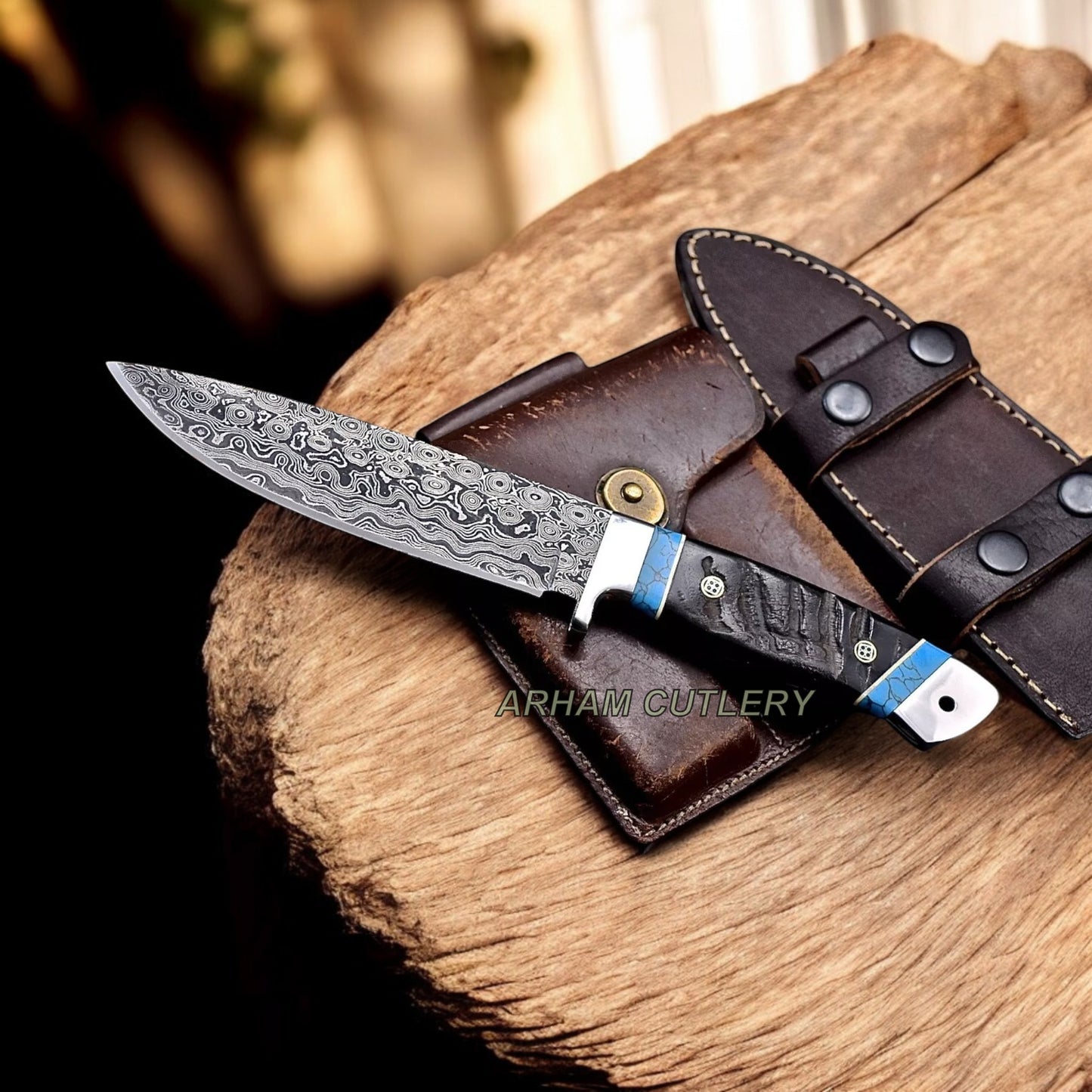 Handmade Damascus Steel Custom Sheep Horn Hunting Sport Knife Arham Cutlery 