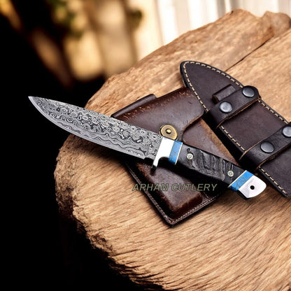 Handmade Damascus Steel Custom Sheep Horn Hunting Sport Knife Arham Cutlery 