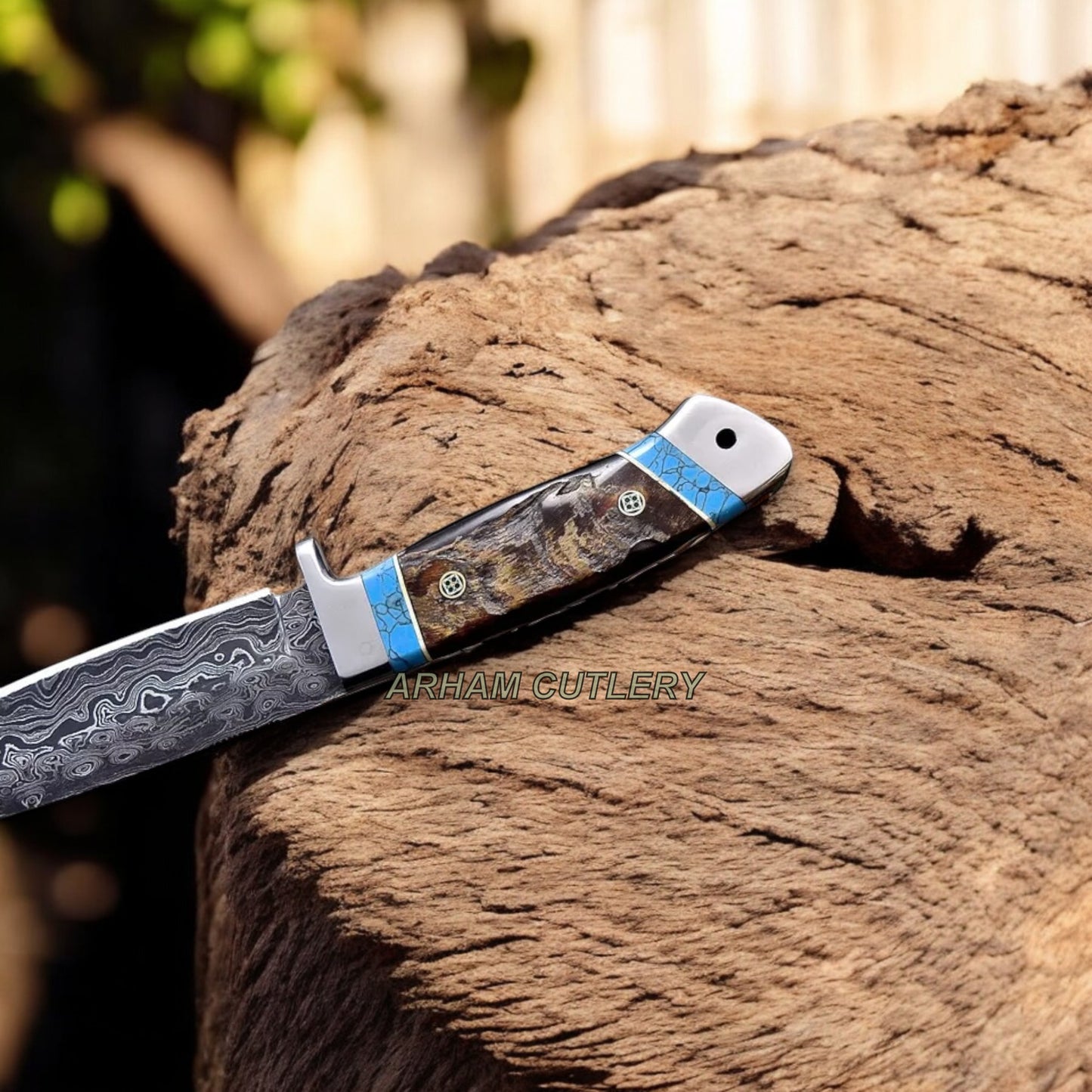 Handmade Damascus Steel Custom Sheep Horn Hunting Sport Knife Arham Cutlery 