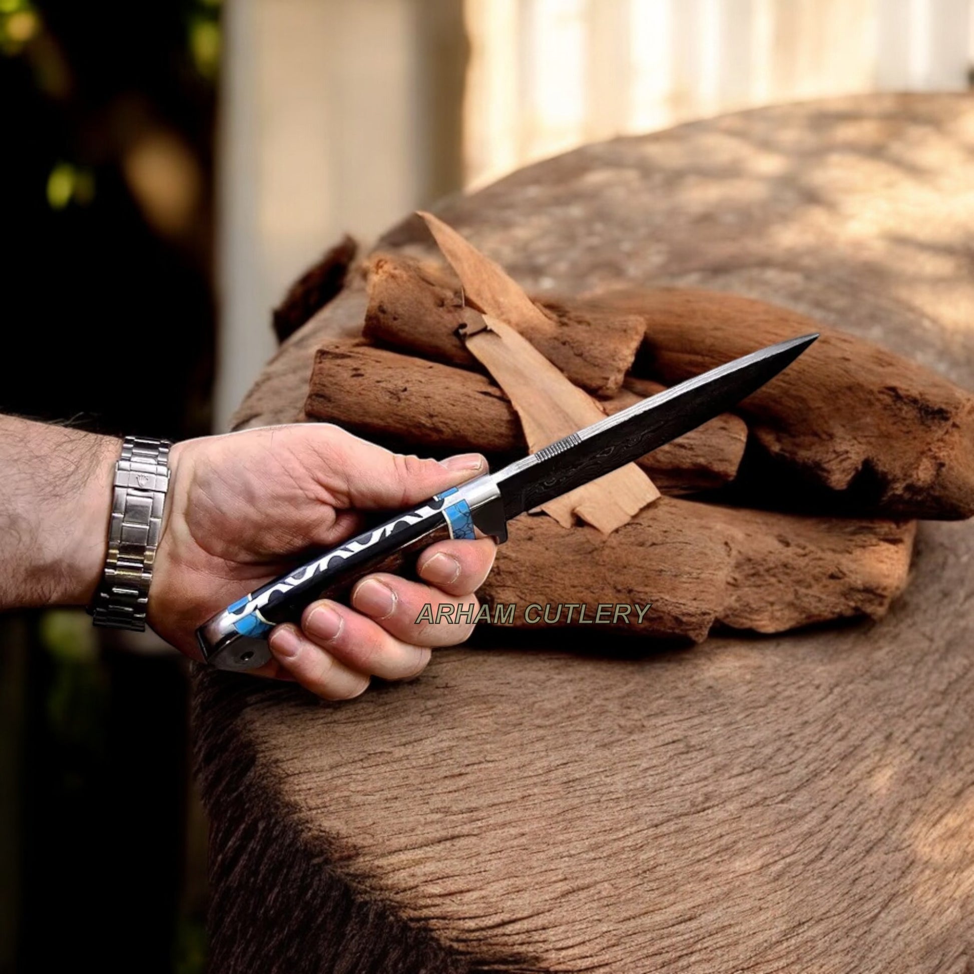 Handmade Damascus Steel Custom Sheep Horn Hunting Sport Knife Arham Cutlery 