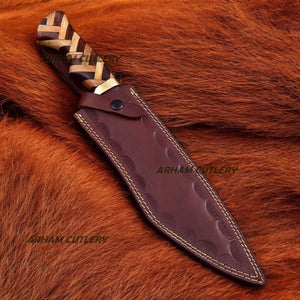 Handmade Damascus Steel Hunting Bowie Knife With Brass Guard