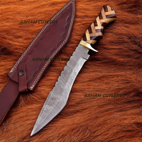 Handmade Damascus Steel Hunting Bowie Knife With Brass Guard