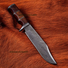 Load image into Gallery viewer, Handmade Damascus Steel Hunting Bowie Knife With Rose Wood Handle
