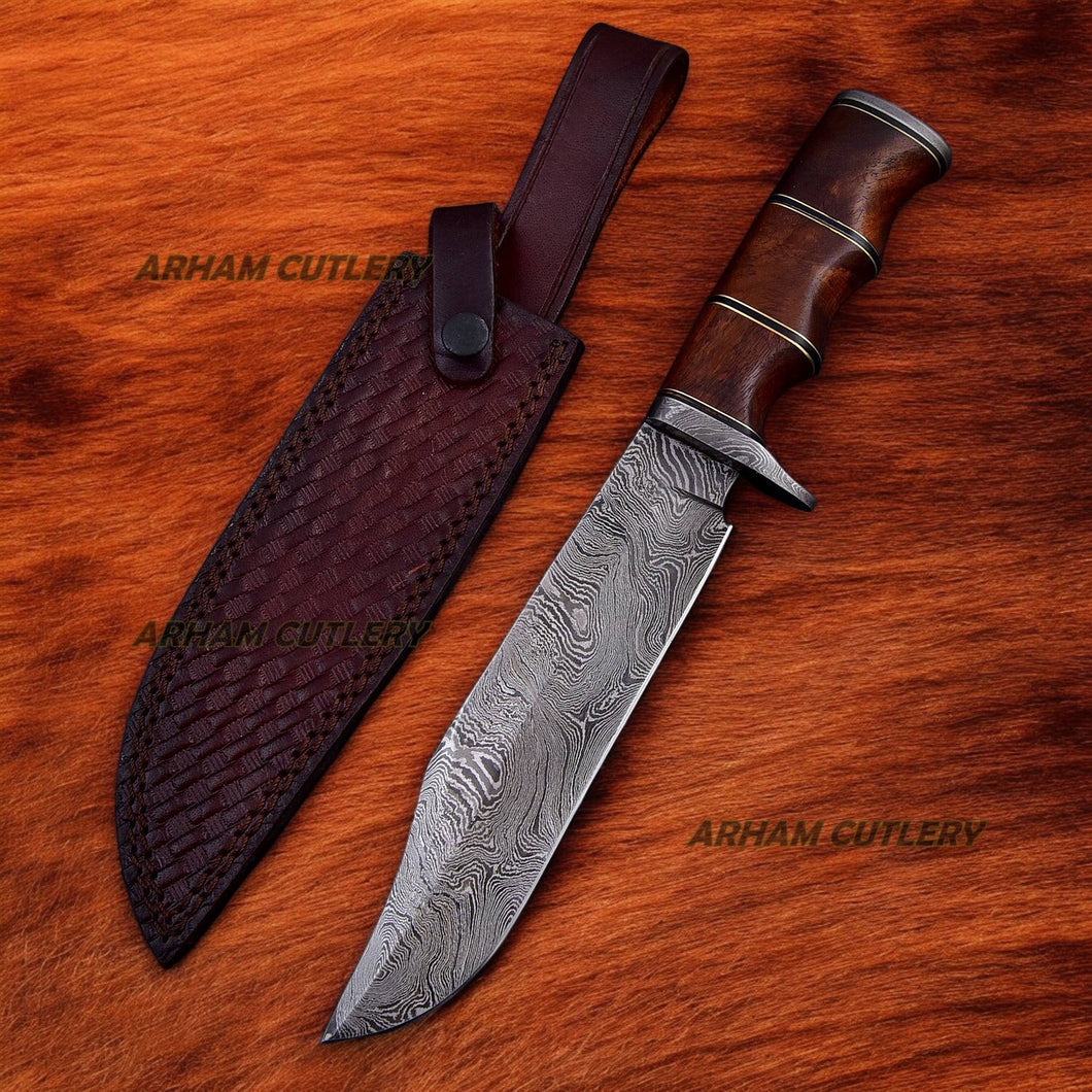 Handmade Damascus Steel Hunting Bowie Knife With Rose Wood Handle