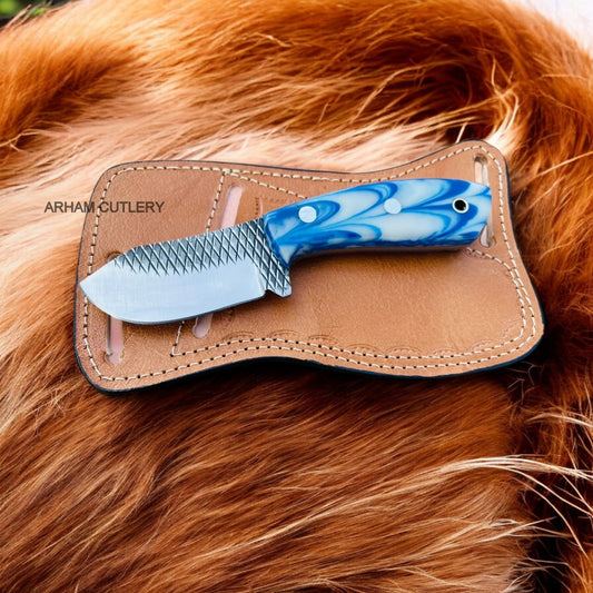 Handmade Ferrier Rasp File Skinning Knife With Pan Cake  Leather Sheath 