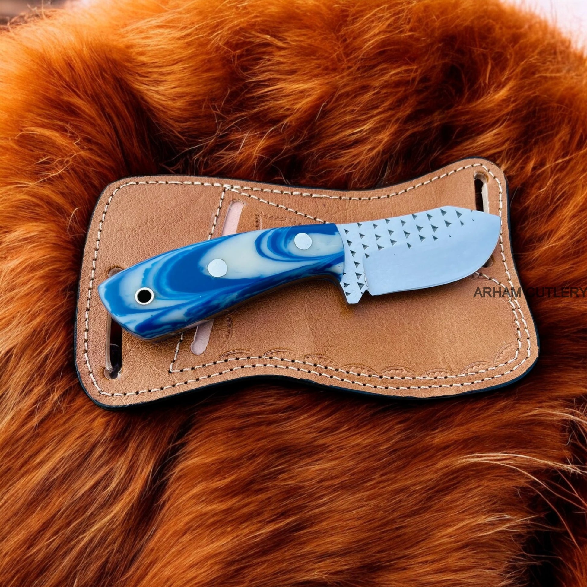 Handmade Ferrier Rasp File Skinning Knife With Pan Cake  Leather Sheath 