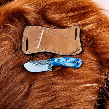 Handmade Ferrier Rasp File Skinning Knife With Pan Cake  Leather Sheath 