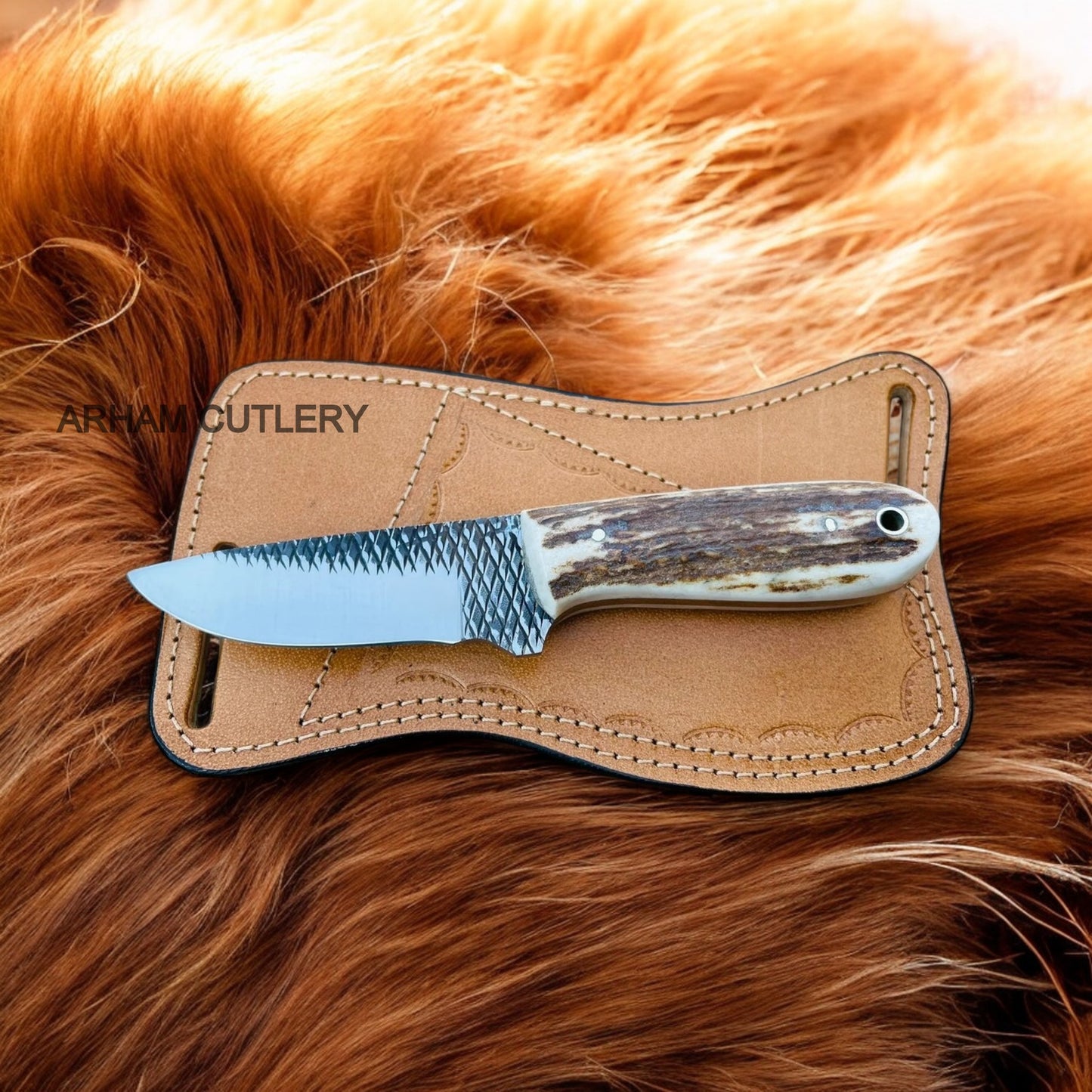 Handmade Rasp File Stag Horn Knife With Pan Cake Leather Sheath 