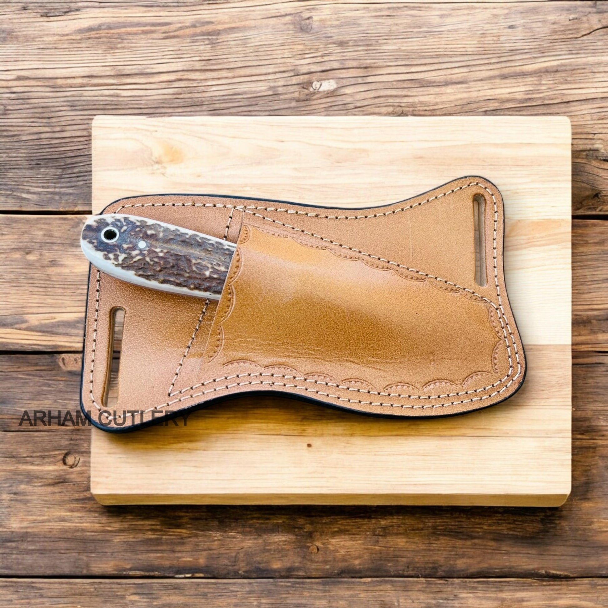 Handmade Rasp File Stag Horn Knife With Pan Cake Leather Sheath 