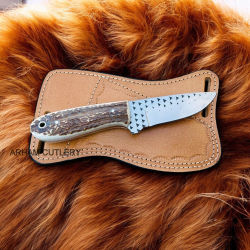 Handmade Rasp File Stag Horn Knife With Pan Cake Leather Sheath 