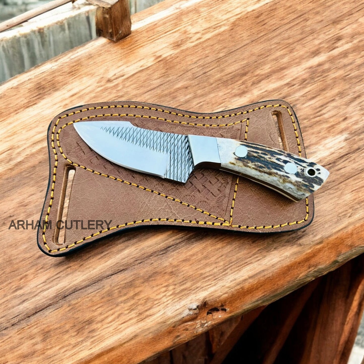 Handmade Stag Horn Knife With Rasp File Blade and Leather Sheath 