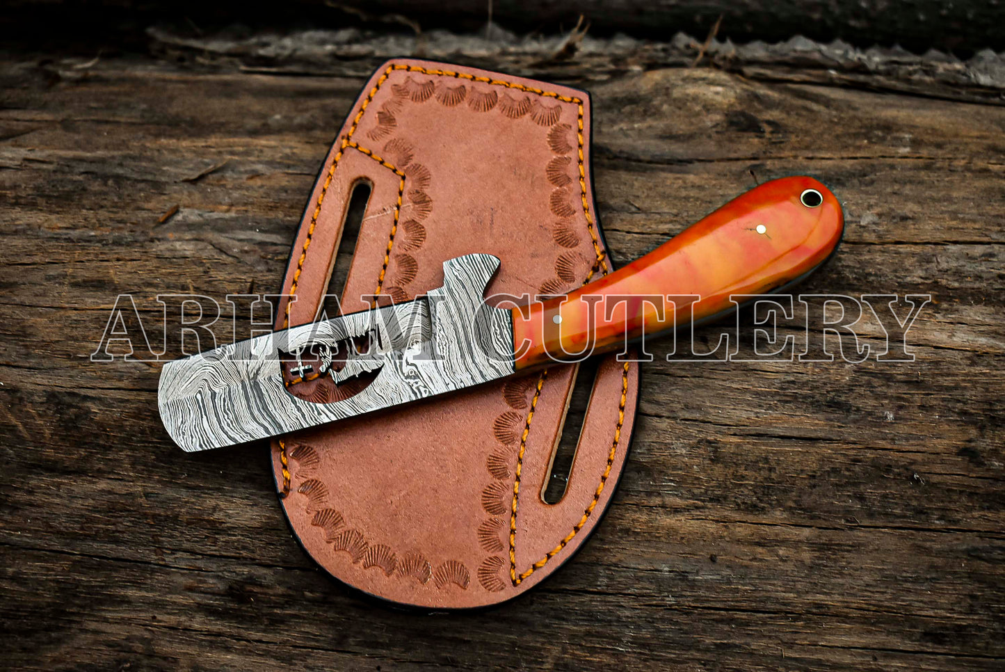 Praying Cowboy Bull Cutter EDC Knife With Cowhide Leather Sheath