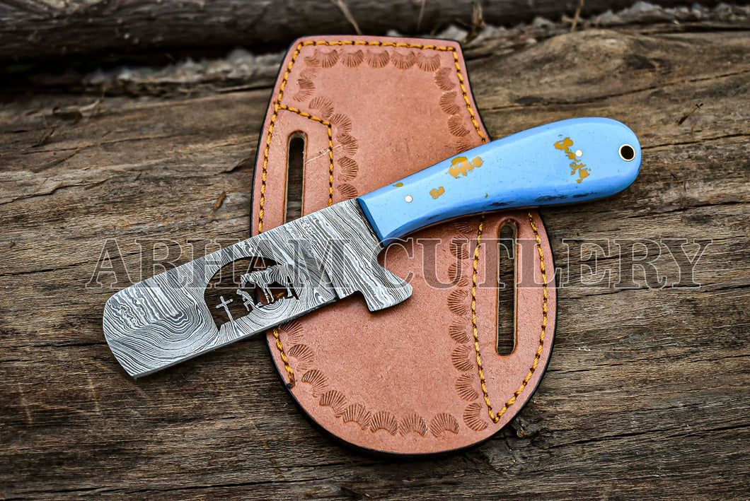 Cow Boy Knife Bull Cutter Knife EDC Praying Cowboy Knife Damascus Steel