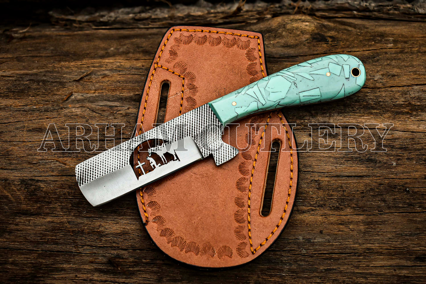 Praying Cowboy Knife With Hand Sewn Leather Sheath