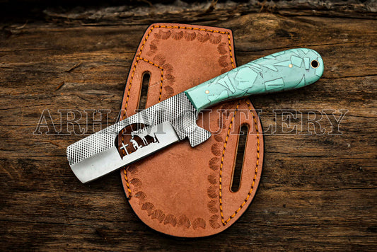 Praying Cowboy Knife With Hand Sewn Leather Sheath