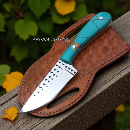 Handmade cowboy knife with J2 stainless rasp file blade and turquoise resin handle by Arham Cutlery