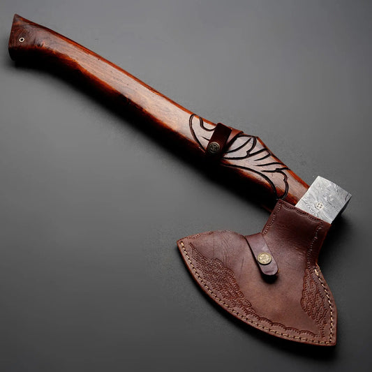 Damascus Steel Axe With Leather Sheath Arham Cutlery 
