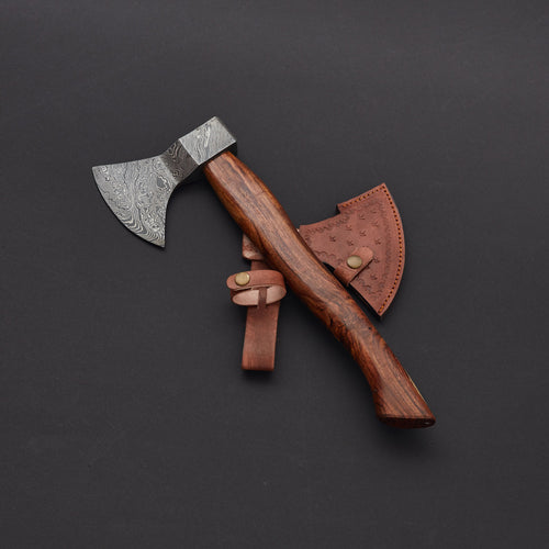 Damascus Steel Axe With Leather Sheath Arham Cutlery 