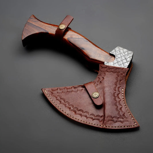 Damascus Steel Axe With Leather Sheath Arham Cutlery 