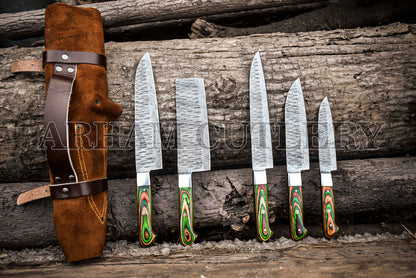 Custom Made Damascus Steel Kitchen Knife Set With Leather Roll Kit