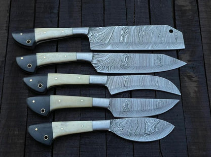 Damascus Blade Kitchen/Chef Knife Set 5 pieces, Unique Hand Forged Kitchen Knives Set , Arham Cutlery