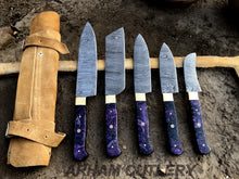 Cargar imagen en el visor de la galería, Damascus Steel Hand Forged Set Of 5 With Leather Roll Kit , Kitchen Knife , Arham Cutlery
