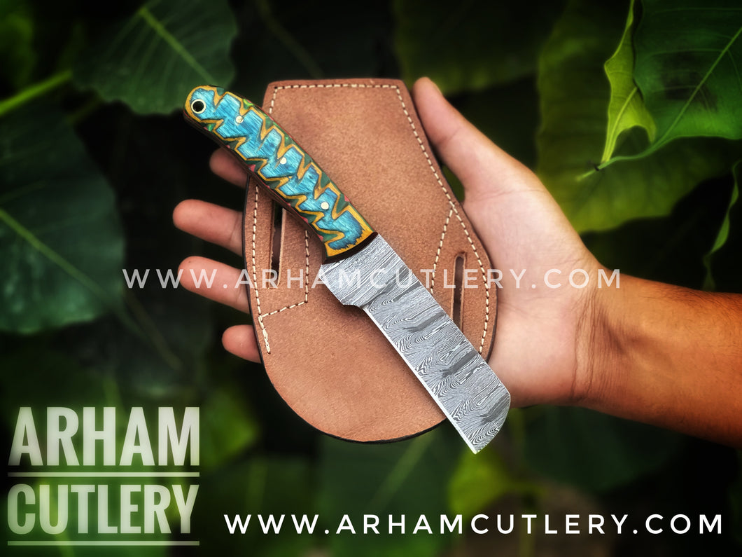 Damascus Steel Cowboy Bull Cutter EDC Knife Arham Cutlery 