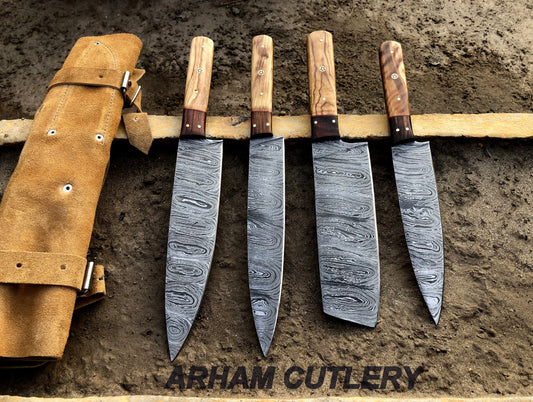 Damascus Steel Kitchen Knife Set , Hard Wood 4 PCS Hand Forged Chef Set With Leather Roll Kit