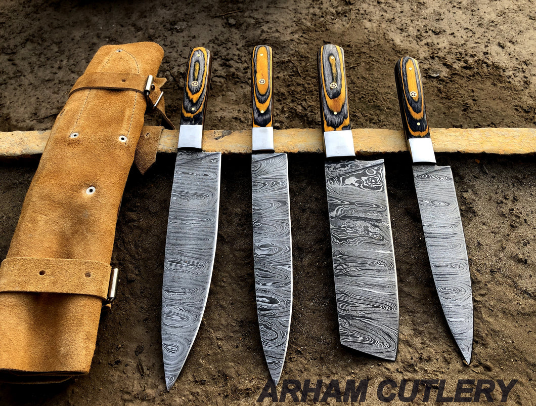 Handmade Damascus Steel Kitchen Knife Set of 4 Pcs With Leather Roll Kit , Arham Cutlery
